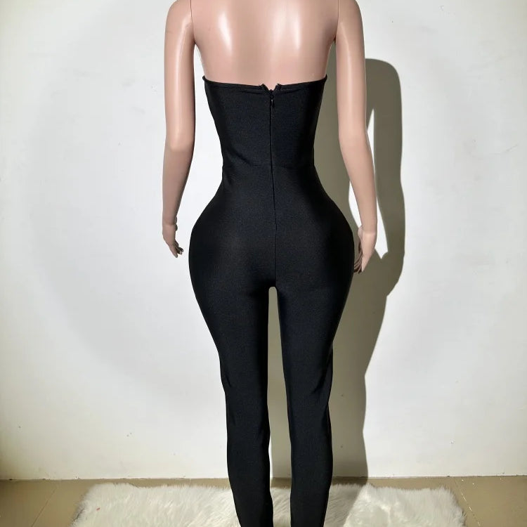High quality women's new black sexy low cut strapless bandage jumpsuit fashionable luxury party dress