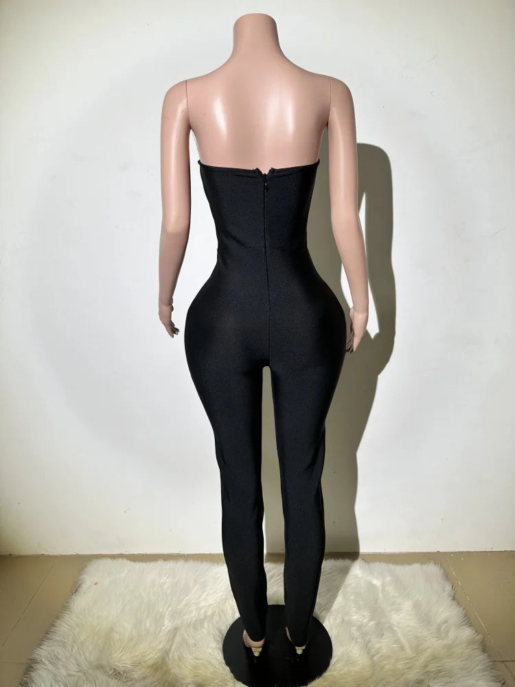 High quality women's new black sexy low cut strapless bandage jumpsuit fashionable luxury party dress
