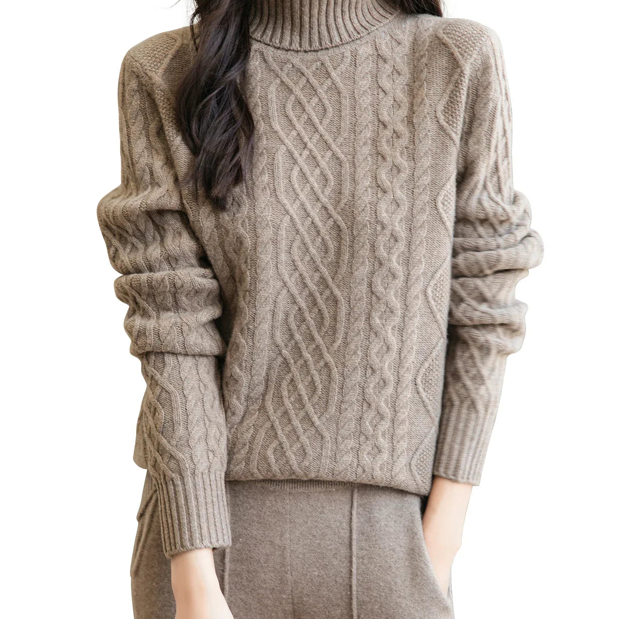Women's 100% Merino Wool Sweater Fall Winter Turtleneck Vintage Warm Soft Long Sleeve Cable Knit Sweater for Women Knitwear Tan