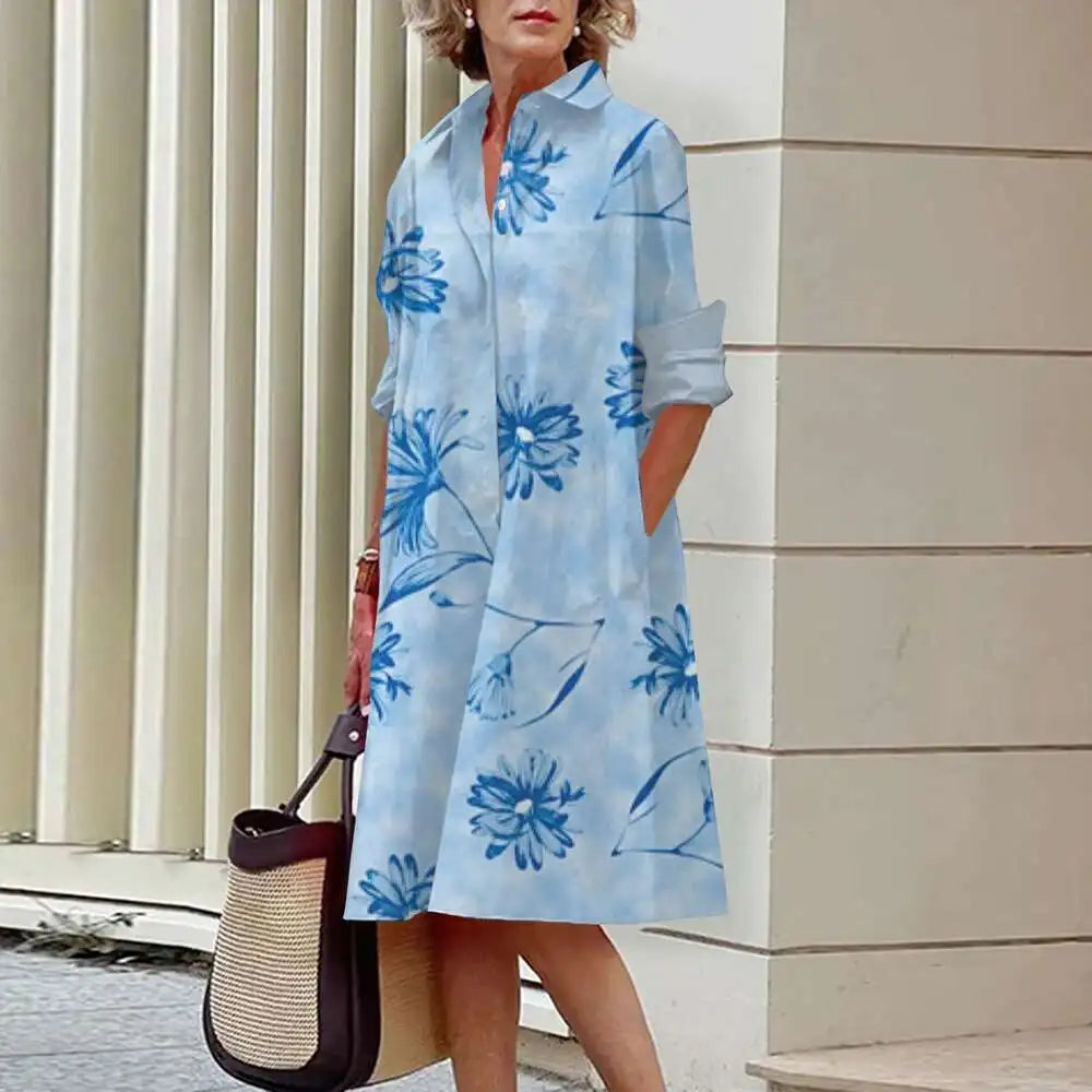 Women's Elegant Shirt Dresses Fall Fashion Floral Long Sleeve Loose A-Line Dresses Women's Office Ladies Red Green Lapel Gowns