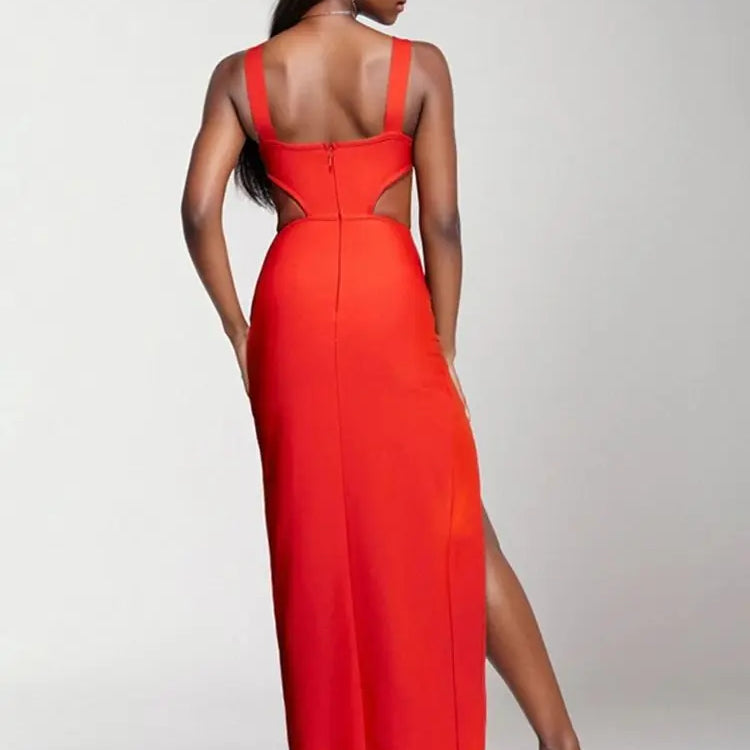 Ailigou New Summer Women's Red Sexy Sleeveless Open Back Hollow High Split Bandage Dress Elegant Celebrity Party Dress