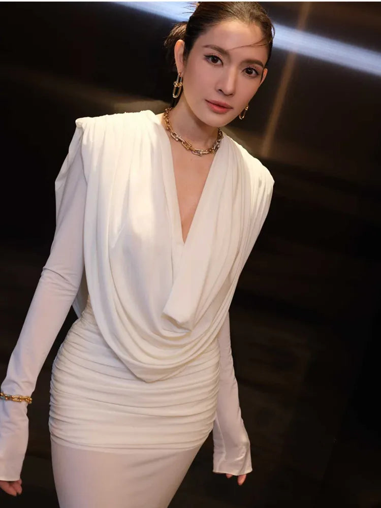 Women Celebrity Sexy Long Sleeve Deep V Neck Ruched White Maxi Long Gowns Dress 2025 Elegant Evening Party Club Vestido