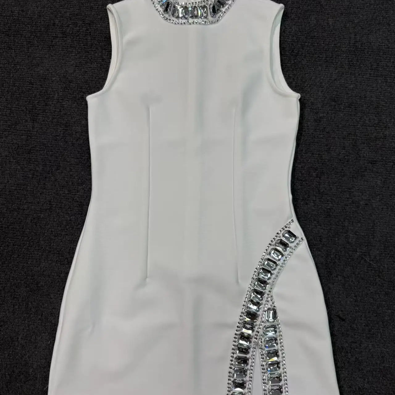 2025 Summer Women's New Black Bright Diamond Sleeveless Round Neck Slimming Bandage Dress Sexy Fashion Club Party Dress WHITE