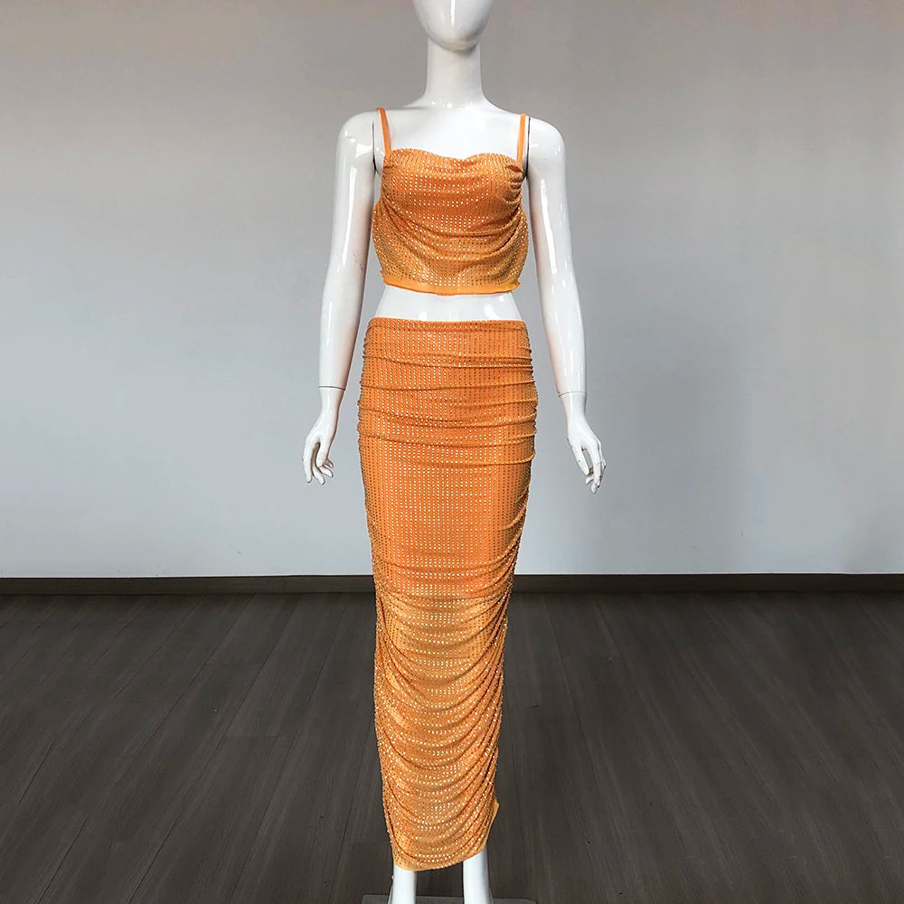 High Street Summer Orange Sexy Spaghetti Straps Short Top +High Waist Pencil Skirt 2 Piece Set Vintage Orange