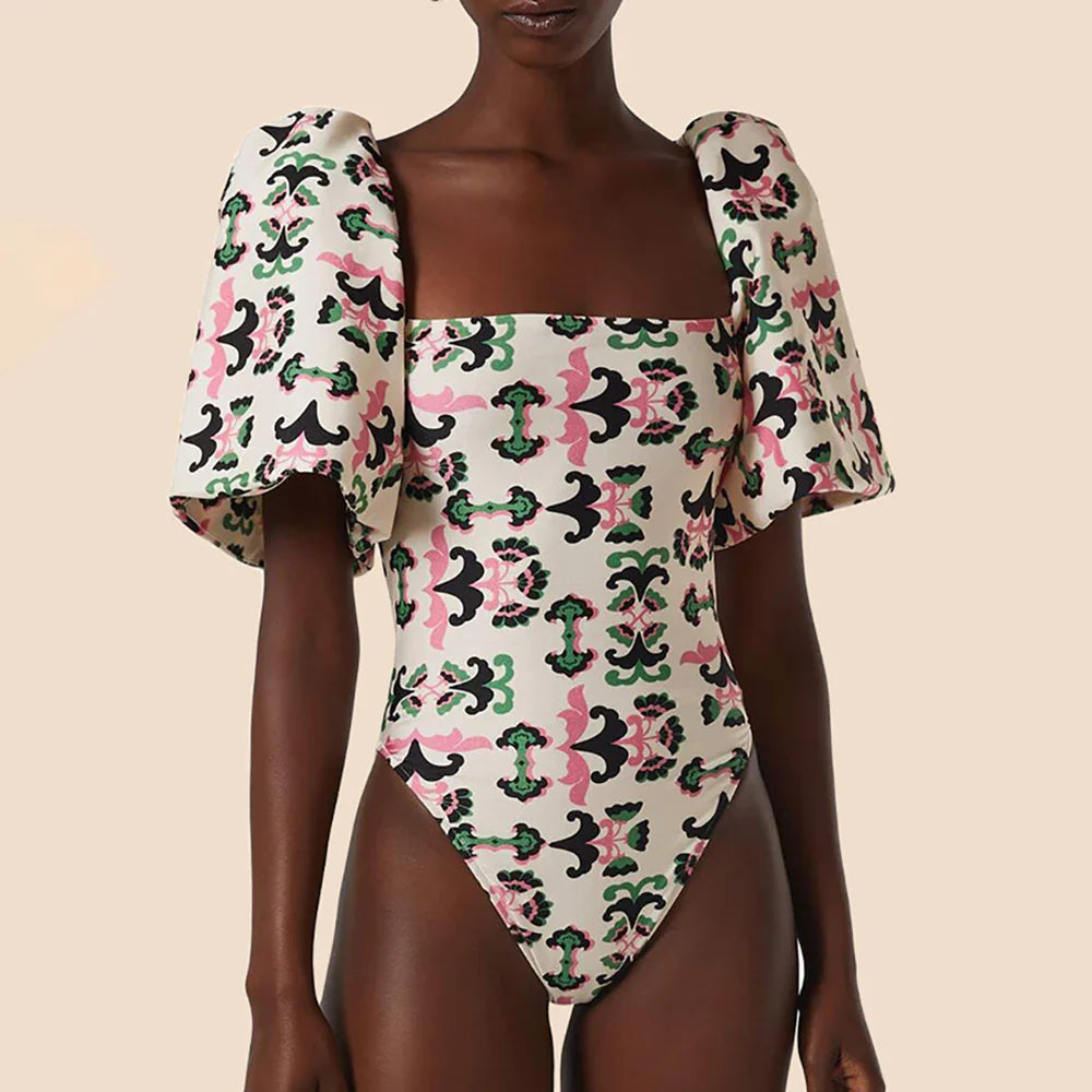 Print Twisted Flower Puff Sleeve Swimsuit Fashion High Waist One Piece Bikini Retro Square Neck Slim Swimwear Sexy Backless Beige