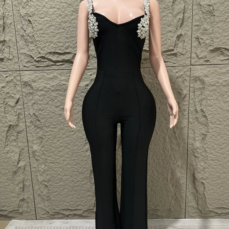 Summer new socialite style women's sexy suspender, luxurious diamond inlaid flower temperament, elegant bandage jumpsuit black