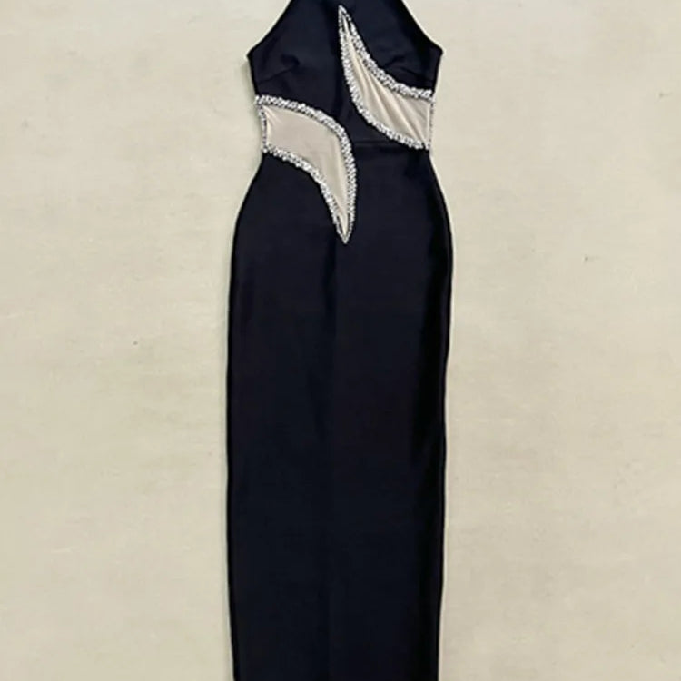 Women Sexy Mesh Diamonds Beading Black Maxi Long Diamonds Celebrity Bodycon Bandage Dress 2025 Elegant Evening Club Party Dress