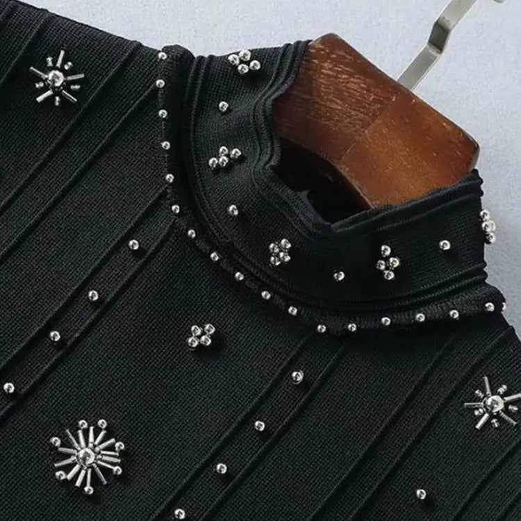 Ailigou New Summer Women's A-line Black Sleeveless Beaded Sexy Elastic Knitted Mini Dress Elegant Celebrity Party Dress