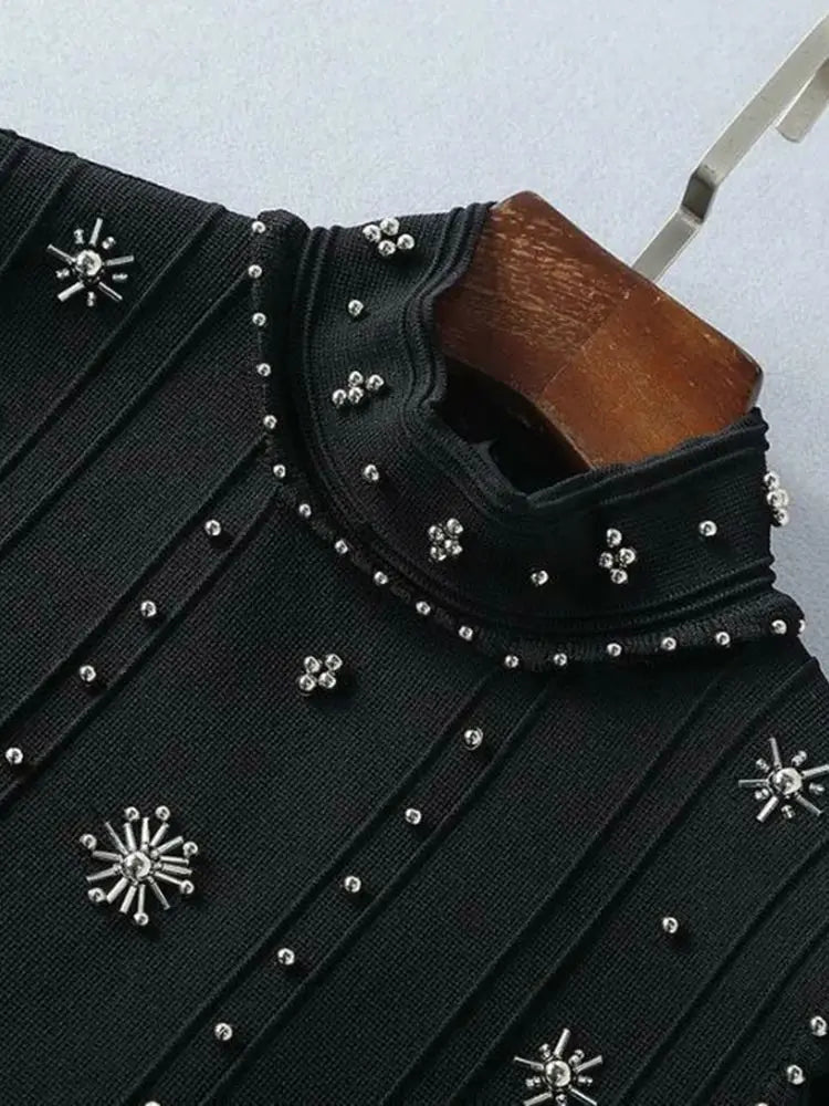 Ailigou New Summer Women's A-line Black Sleeveless Beaded Sexy Elastic Knitted Mini Dress Elegant Celebrity Party Dress