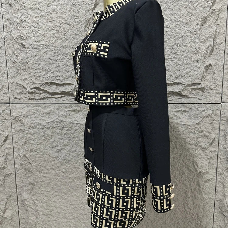 High quality women's new black fashionable long sleeved button jacquard top+high waist hip bag skirt two-piece bandage set