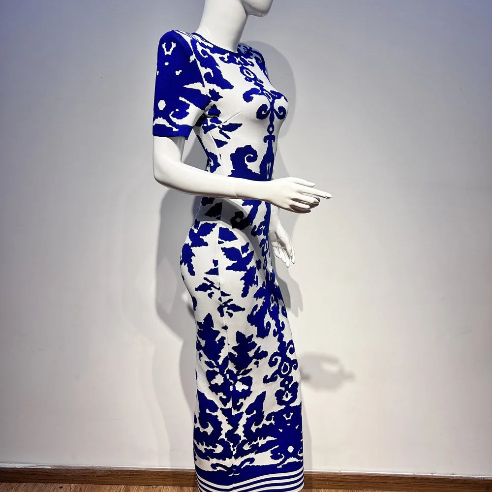 2024 Summer Women's Fashion Printed Bandage Dress Sexy Short sleeved Round Neck Chinese Style Long Dress Elegant Party Dress