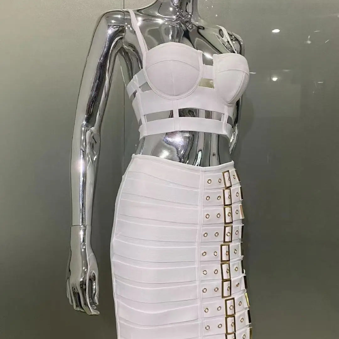 2025 Summer women's new white sexy camisole top+belt buckle mini skirt fashionable 2 piece bandage set