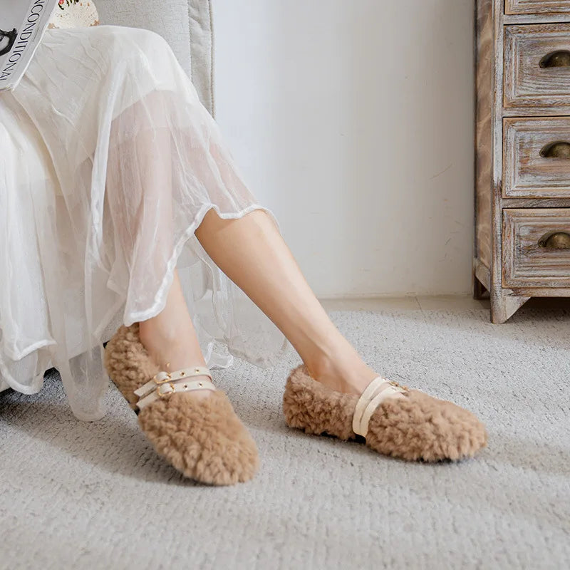2023 winter women's plush warm shoes Korean style pump loafers party and work wear Ladies' casual flats mary jane boat shoes