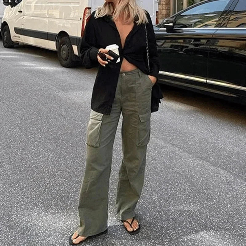 Fashion Women Cargo Pants Straight Fit Baggy Wide Leg High Waist Pants Y2K Pockets Retro Street Style Casual Trousers