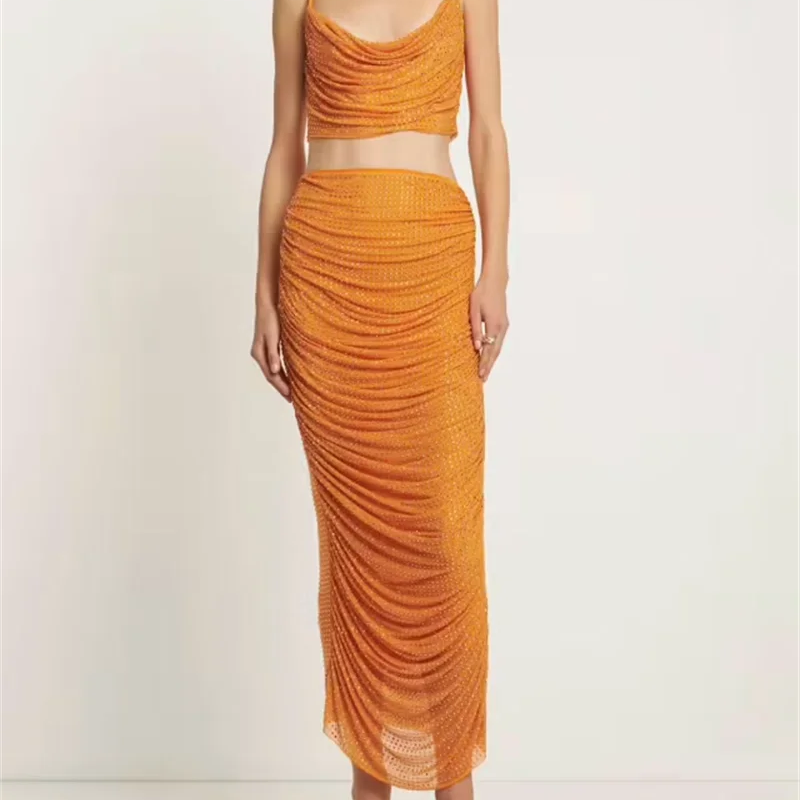 High Street Summer Orange Sexy Spaghetti Straps Short Top +High Waist Pencil Skirt 2 Piece Set Vintage