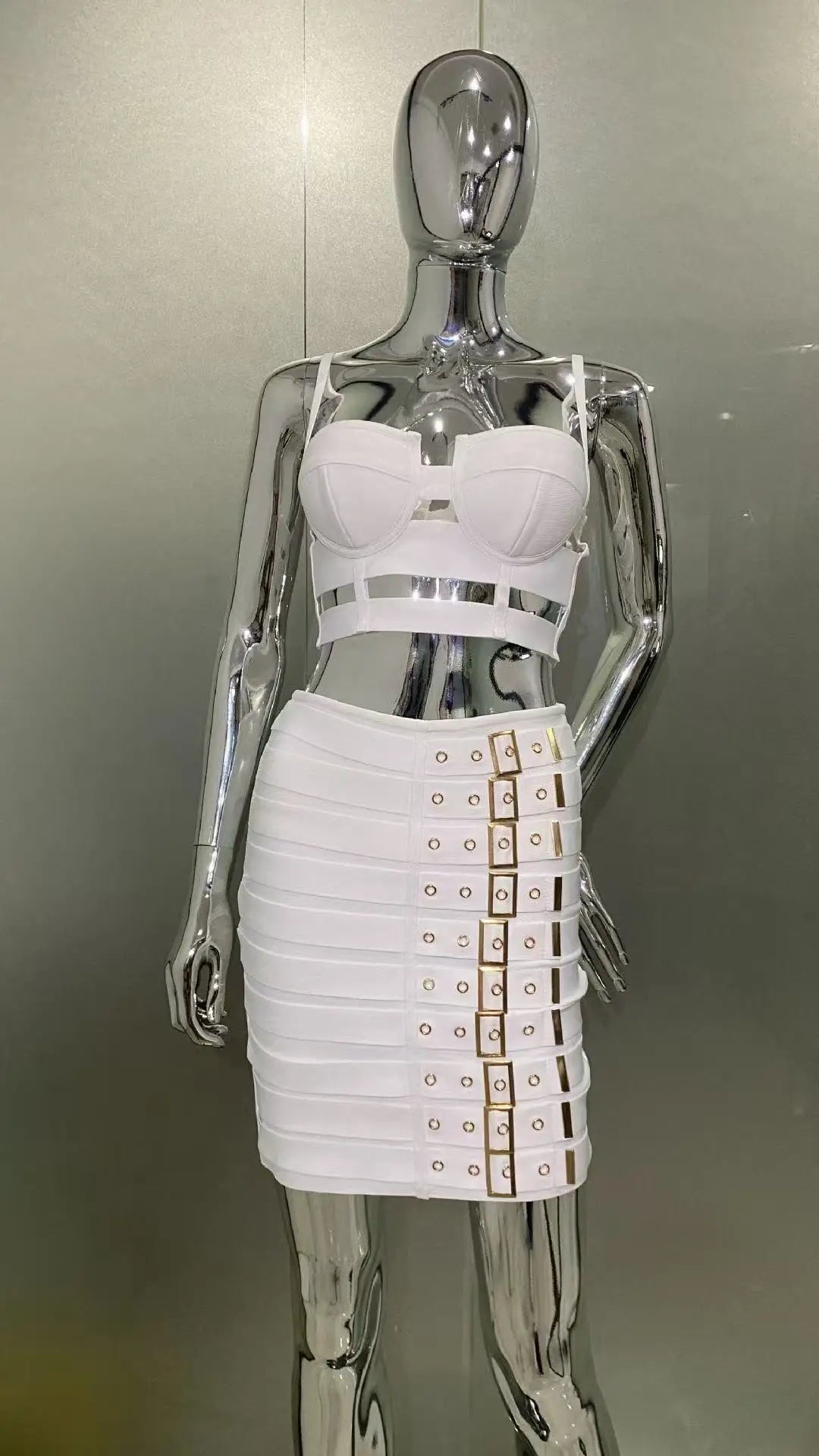 2025 Summer women's new white sexy camisole top+belt buckle mini skirt fashionable 2 piece bandage set