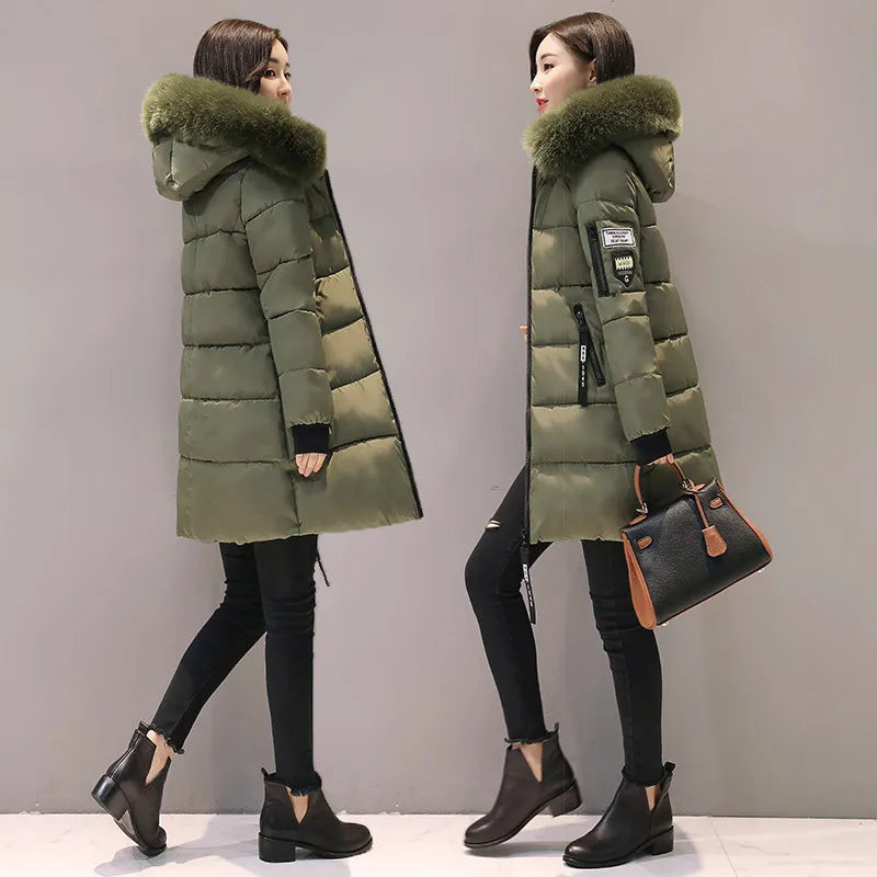 Winter Women Parka Coats Long Cotton Casual Fur Hooded Jackets Thick Warm Slim-fit Jacket Female Overcoat Clothing Army Green