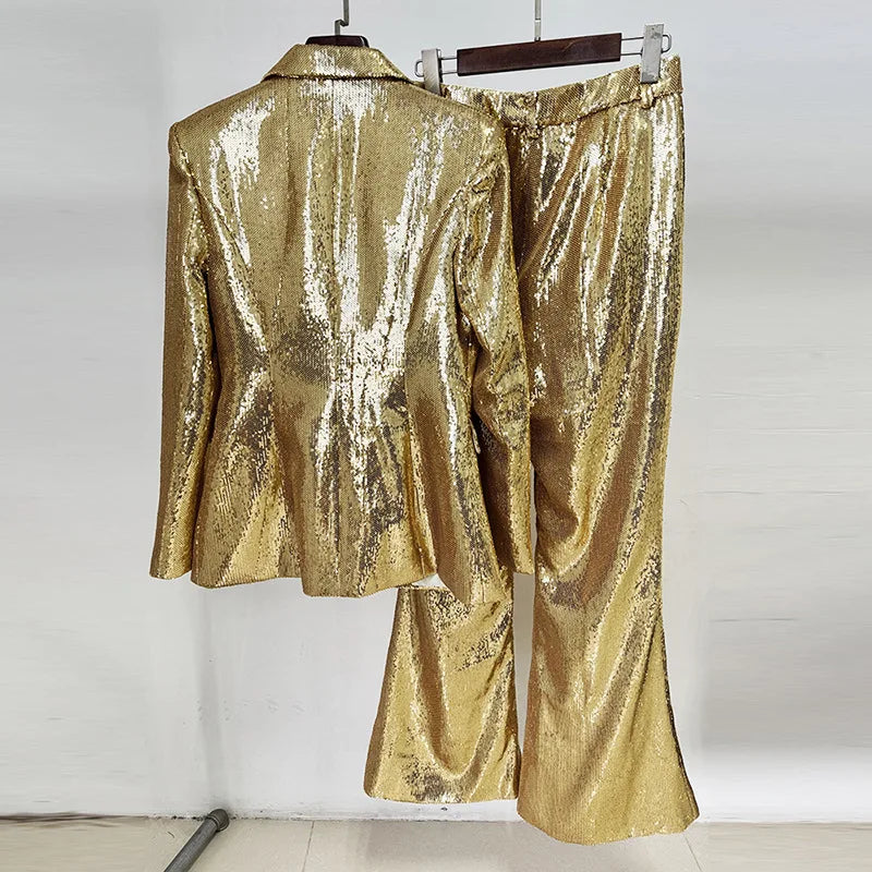 High quality star fashion gold sequin suit jacket+pants set two-piece set