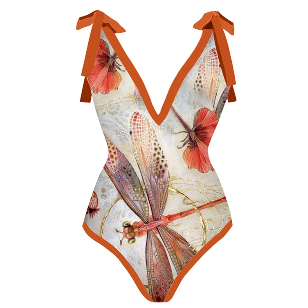 Women One Piece Swimsuit & Skirt Orange Print Female Retro Swimwear Holiday Beach Dress Designer Bathing Suit Summer Surf Wea Gold