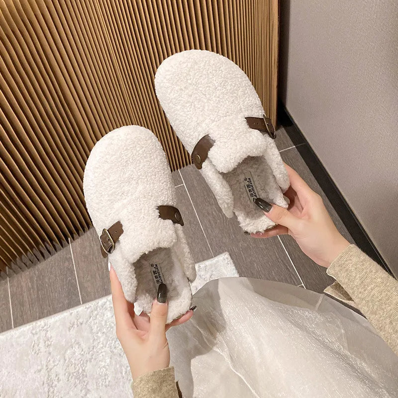 2023 Winter Warm Women’s Plush Slippers flat shoes Wear at home and in the office Ladies casual mules 41-43 Ivory