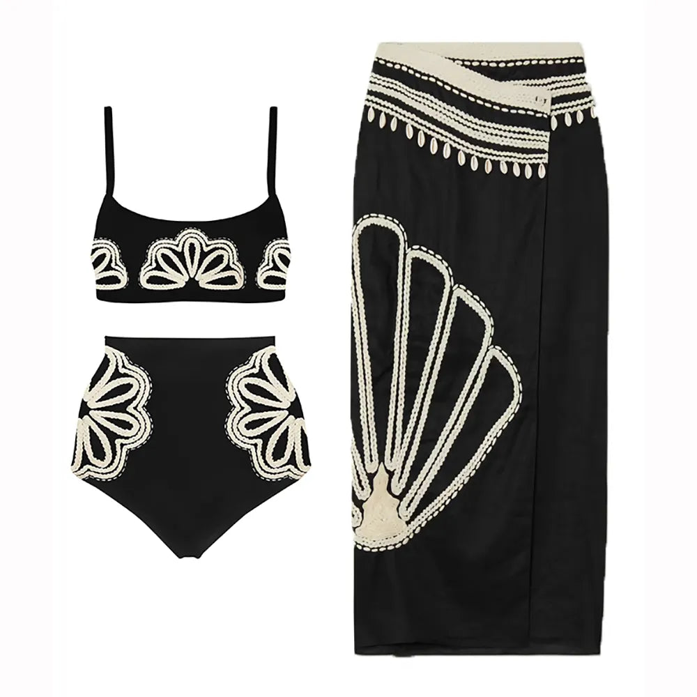 Bathing Suit Women Black Simple Print Fashion Swimsuit Sexy Printed Bikini High Waist Swimwear Two-piece and Skirt Beach Outfits