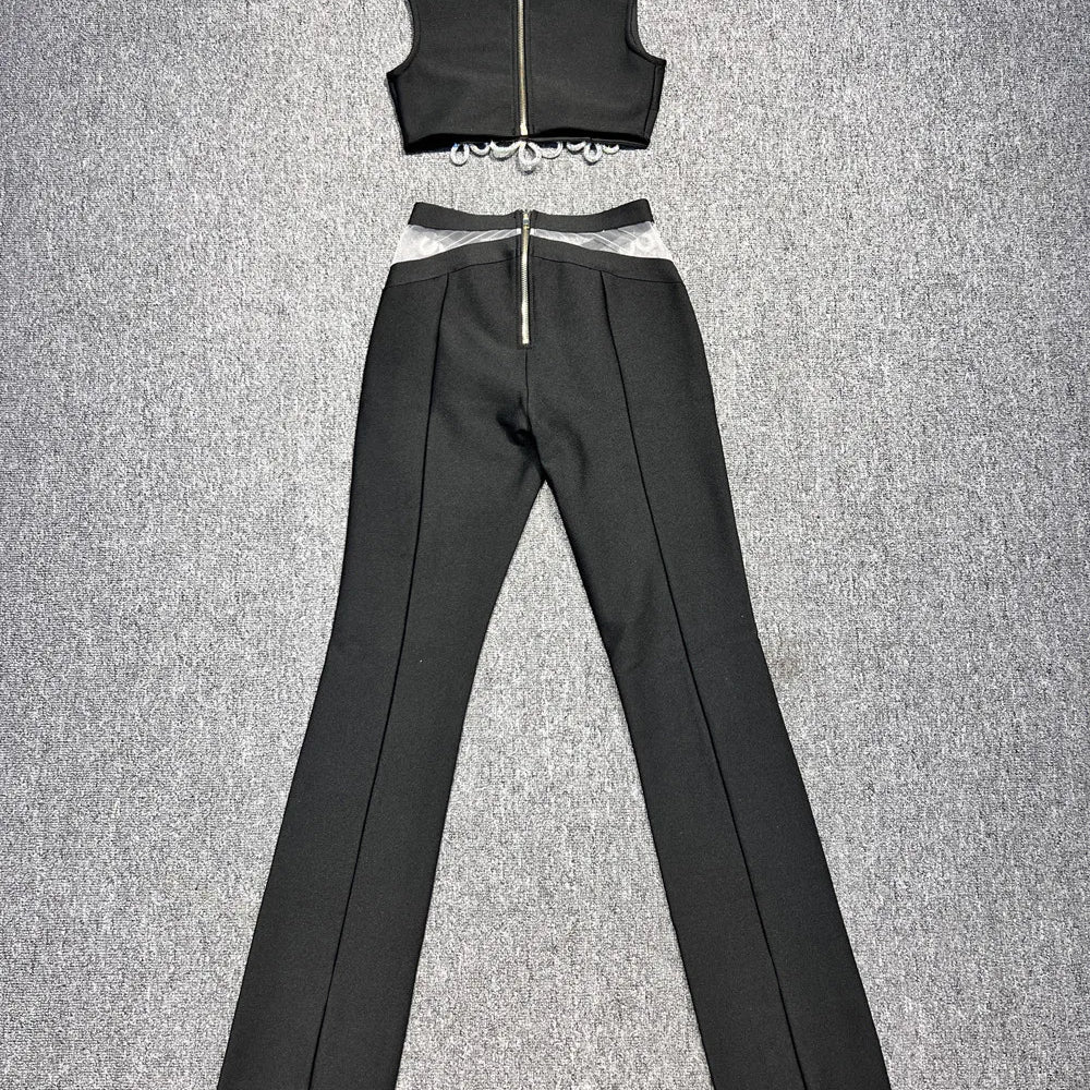 2024 Summer Women's Spicy Girl Set Black Sleeveless Tank Top Flower Low Waist Elastic Tight Pants Fashionable Heavy Industry Two