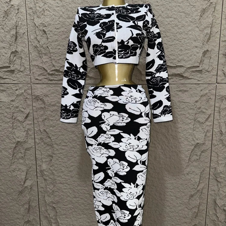 New women bandage jacquard knitted set, black and white flower jacquard short top, hip wrap skirt two-piece set black