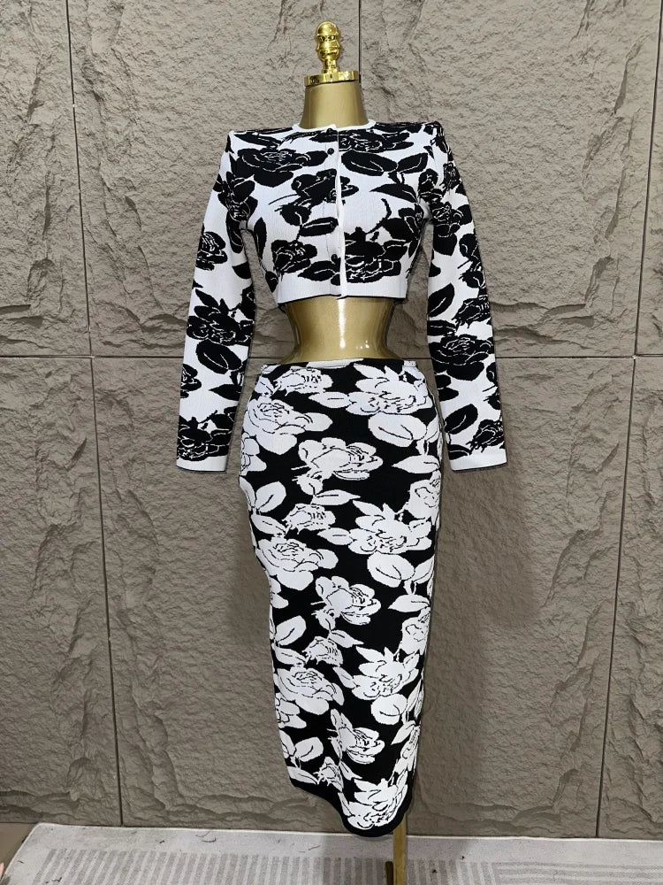 New women bandage jacquard knitted set, black and white flower jacquard short top, hip wrap skirt two-piece set black
