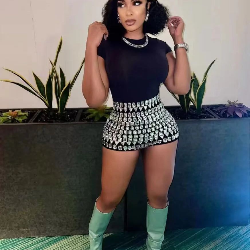 2024 New Women Fashionable Handmade Diamond Embedding Tight Bandage Shorts, Sexy and Fashionable Party Wear Vintage