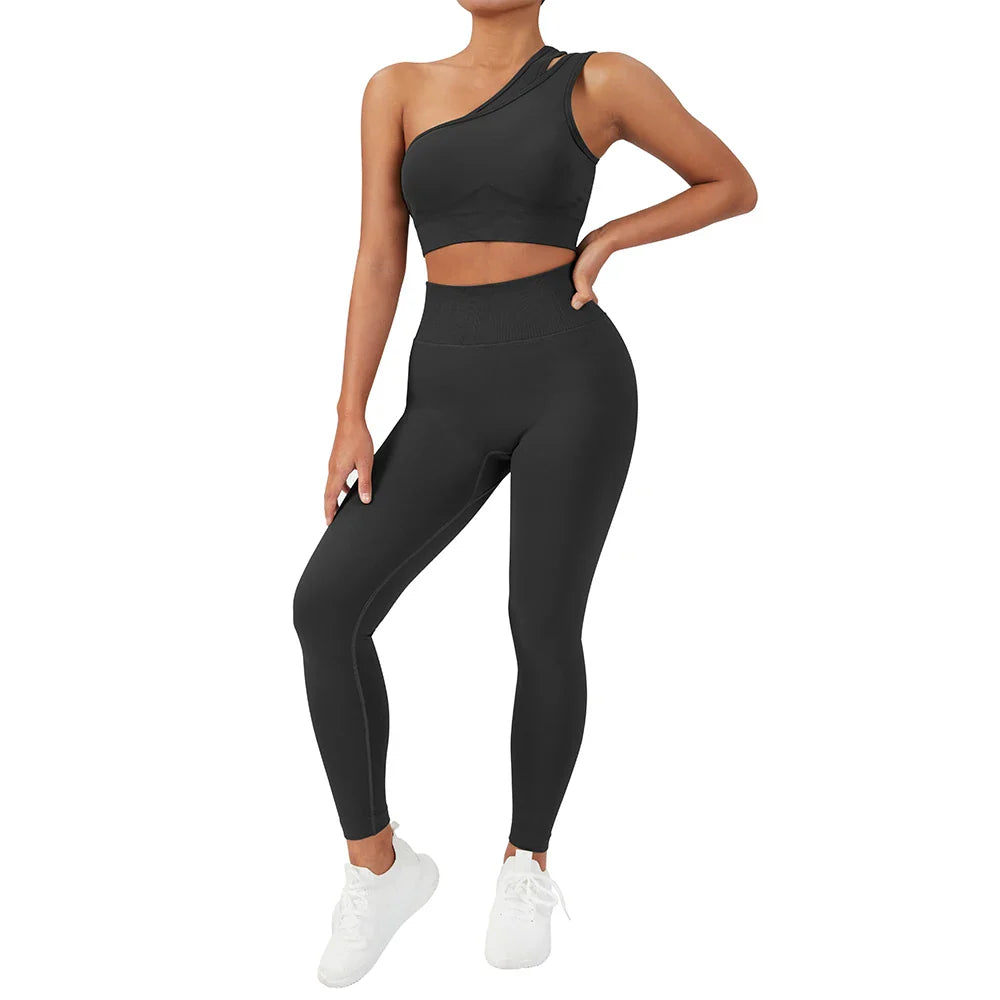 One Shoulder Yoga Sets Women Sportswear Gym Clothing High Waist Leggings Workout Gym Outfits Fitness Wear Sports Yoga Suits SS321BK S