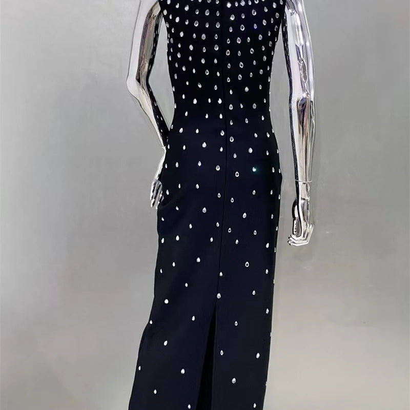 High quality summer women's new blue sexy suspender with hot stamping and sparkling long bandage dress elegant fashion party