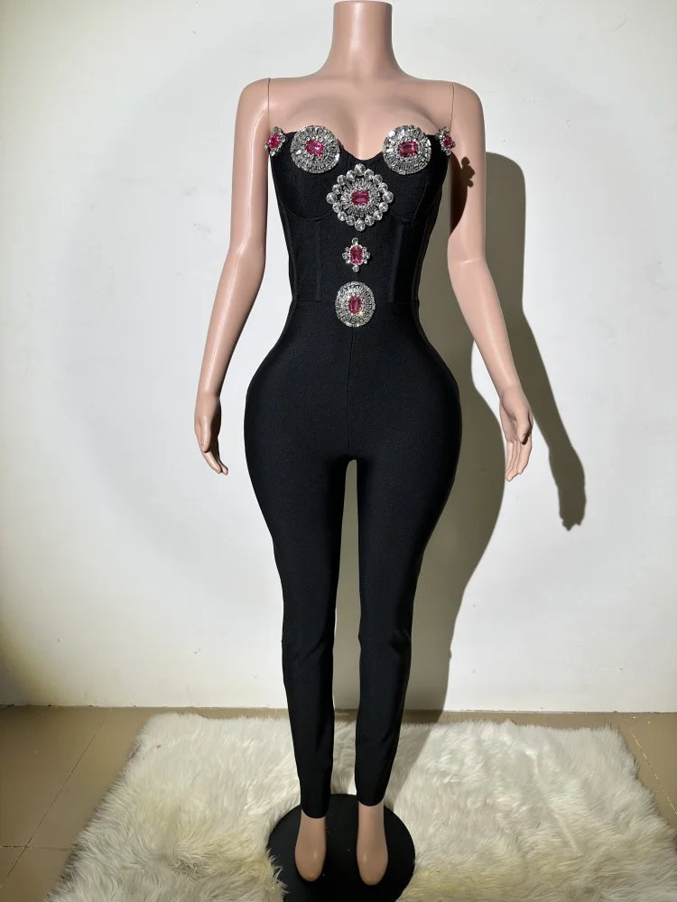 High quality women's new black sexy low cut strapless bandage jumpsuit fashionable luxury party dress