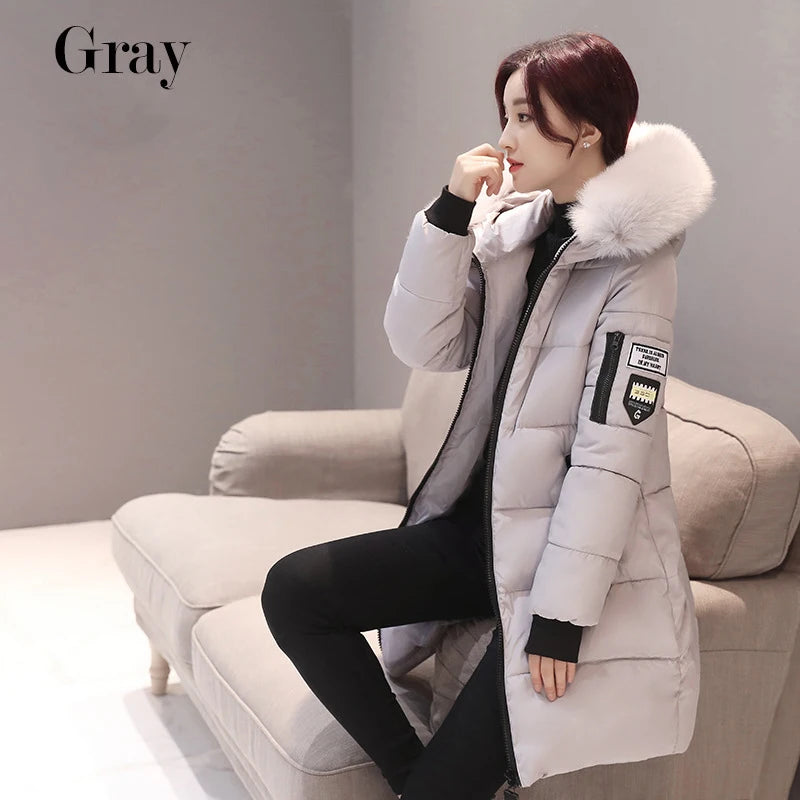 Winter Women Parka Coats Long Cotton Casual Fur Hooded Jackets Thick Warm Slim-fit Jacket Female Overcoat Clothing Grey