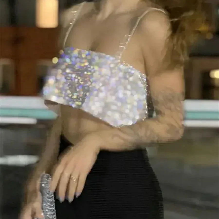 wsevypo Chic Glitters Spaghetti Strap Camisole Shiny Bandeau Tube Tops Fashion Women Sling Crop Tops Party Club Street Tops