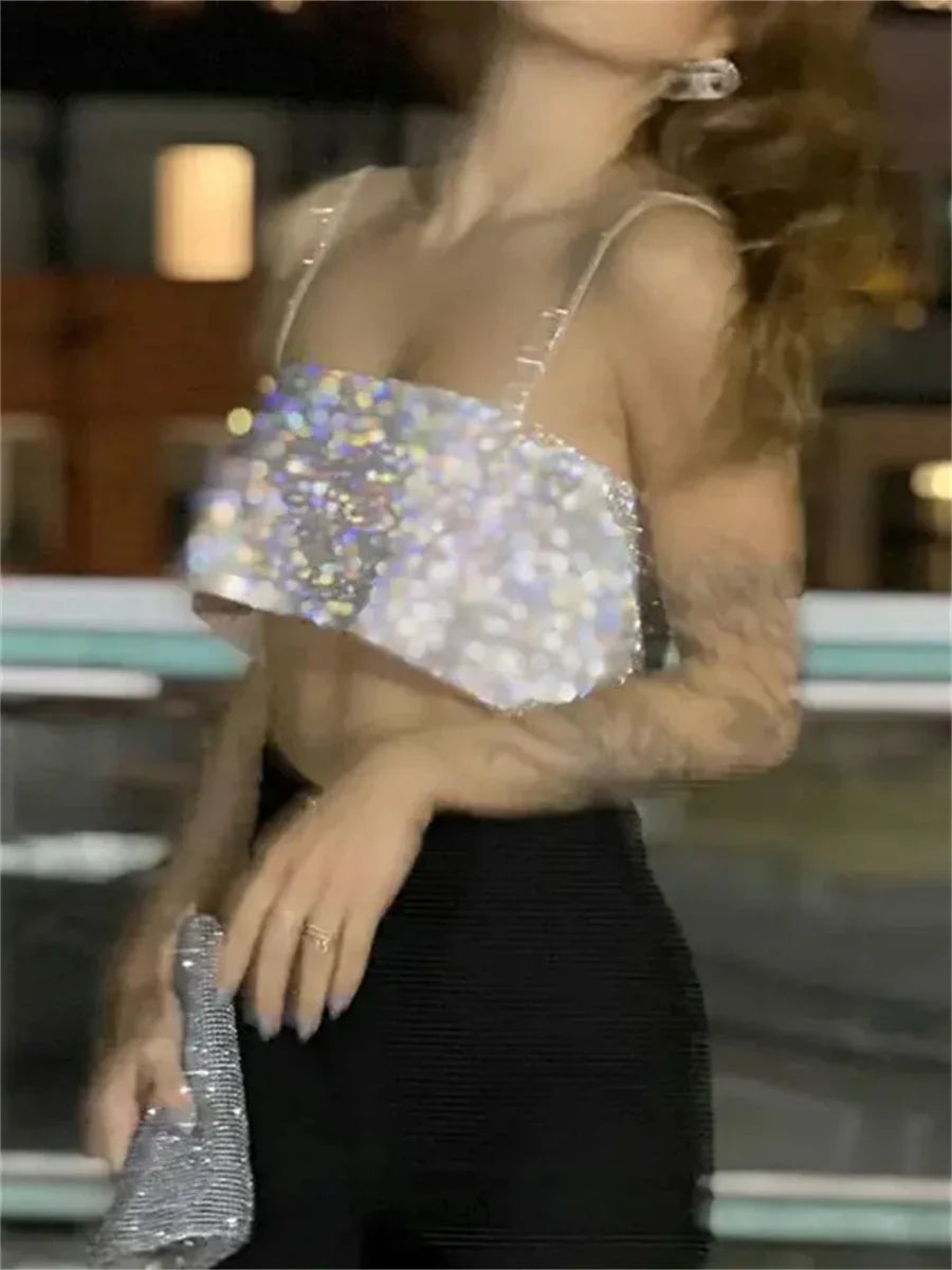 wsevypo Chic Glitters Spaghetti Strap Camisole Shiny Bandeau Tube Tops Fashion Women Sling Crop Tops Party Club Street Tops