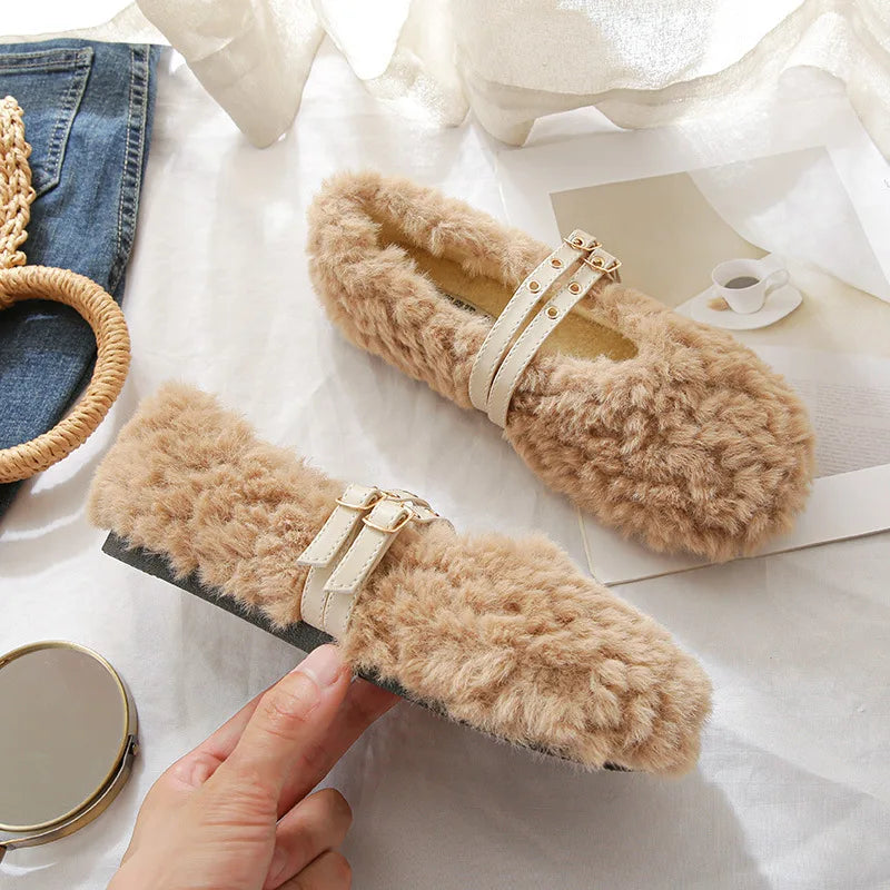2023 winter women's plush warm shoes Korean style pump loafers party and work wear Ladies' casual flats mary jane boat shoes Khaki