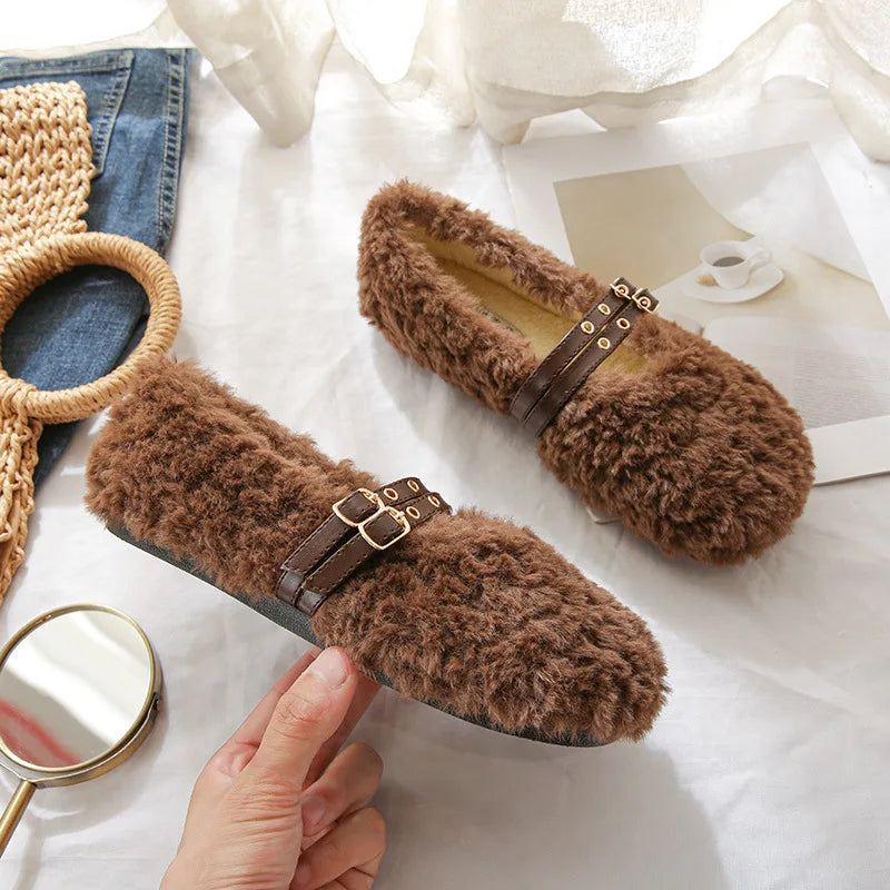 2023 winter women's plush warm shoes Korean style pump loafers party and work wear Ladies' casual flats mary jane boat shoes Brown