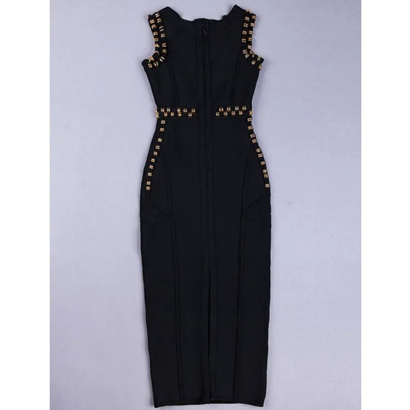 2023 New Women Sexy Diamond Embellished Bodycon Long Bandage Dress Elegant Rayon Backless Sleeveless Party Dress