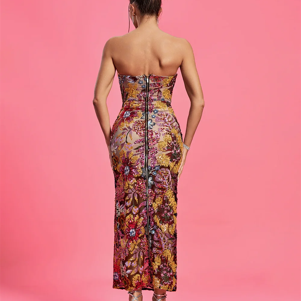 Fashionable Backless Slim Fit Long Dress 2023 Elegant Sleeveless Embroidered Body Fit Color Block Party Party Dress