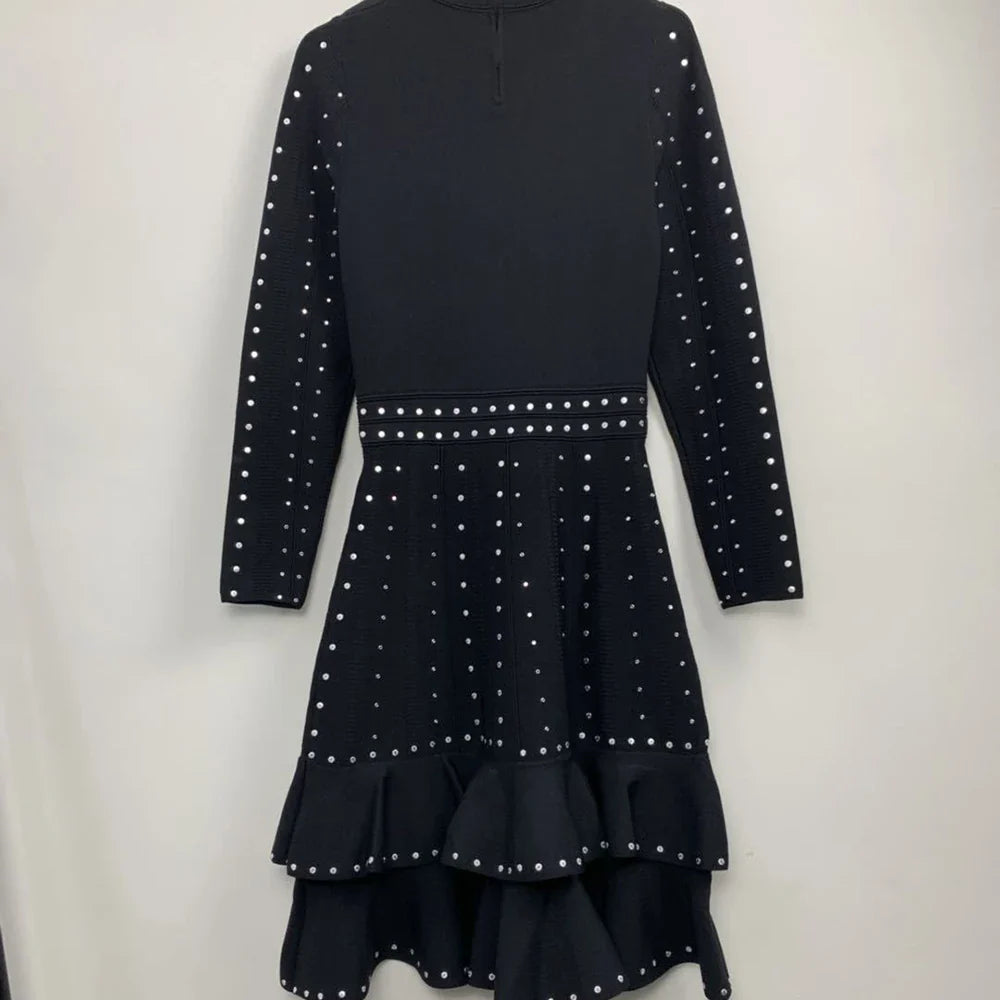 Ailigou New Women's Black Sexy Luxury Diamond Knitted Mini A-line Dress Long sleeved Ruffle Edge Layered Formal Party Dress