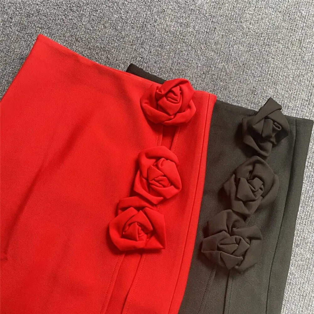 2024 summer new women's clothing red three-dimensional flower high slit bandage long skirt half skirt elegant fashion party wear