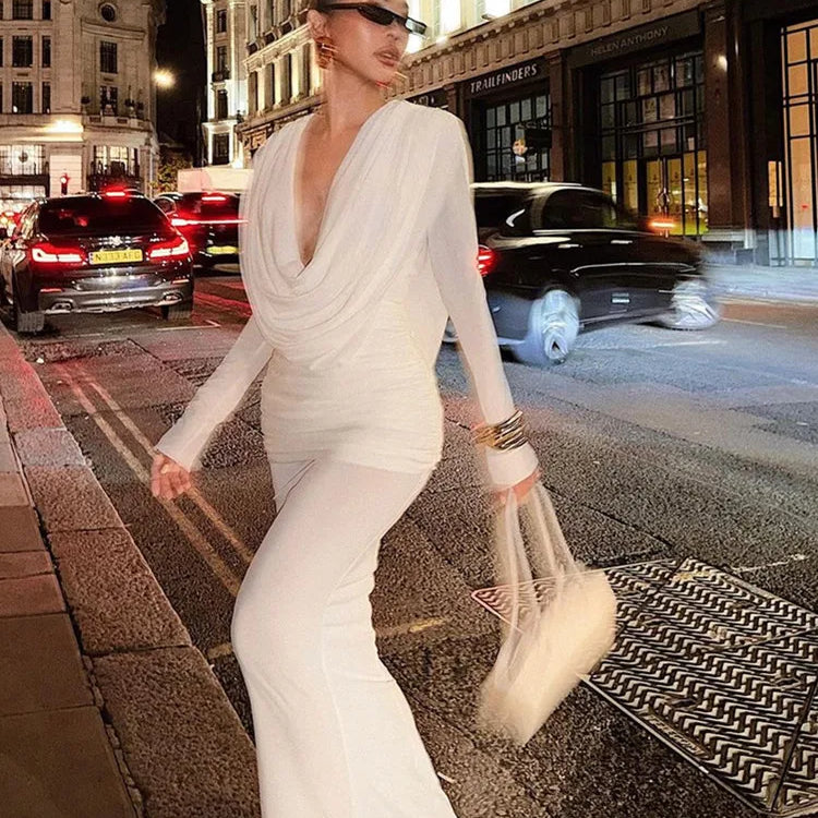 Women Celebrity Sexy Long Sleeve Deep V Neck Ruched White Maxi Long Gowns Dress 2025 Elegant Evening Party Club Vestido