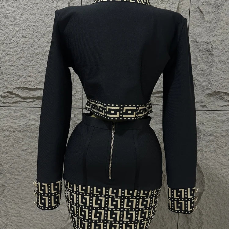 High quality women's new black fashionable long sleeved button jacquard top+high waist hip bag skirt two-piece bandage set