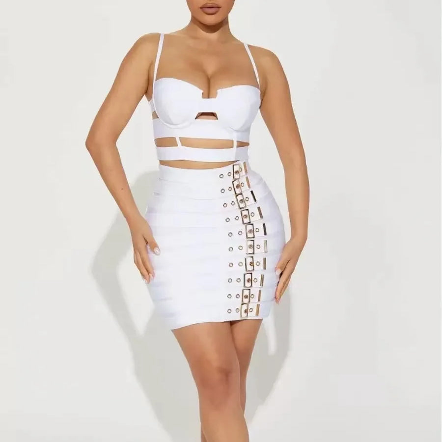 2025 Summer women's new white sexy camisole top+belt buckle mini skirt fashionable 2 piece bandage set