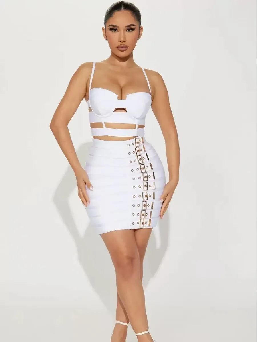 2025 Summer women's new white sexy camisole top+belt buckle mini skirt fashionable 2 piece bandage set
