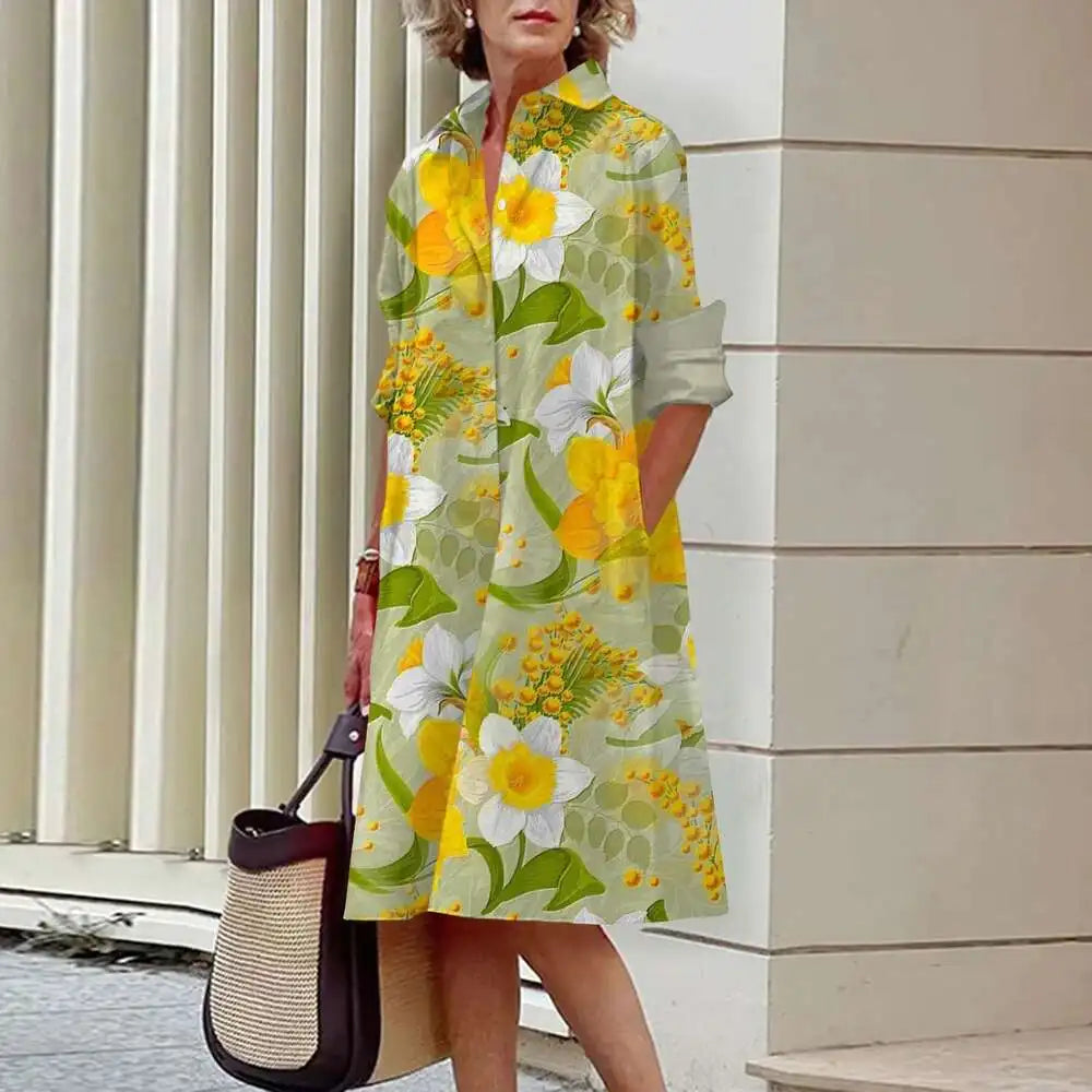 Women's Elegant Shirt Dresses Fall Fashion Floral Long Sleeve Loose A-Line Dresses Women's Office Ladies Red Green Lapel Gowns A9SZXG248291334