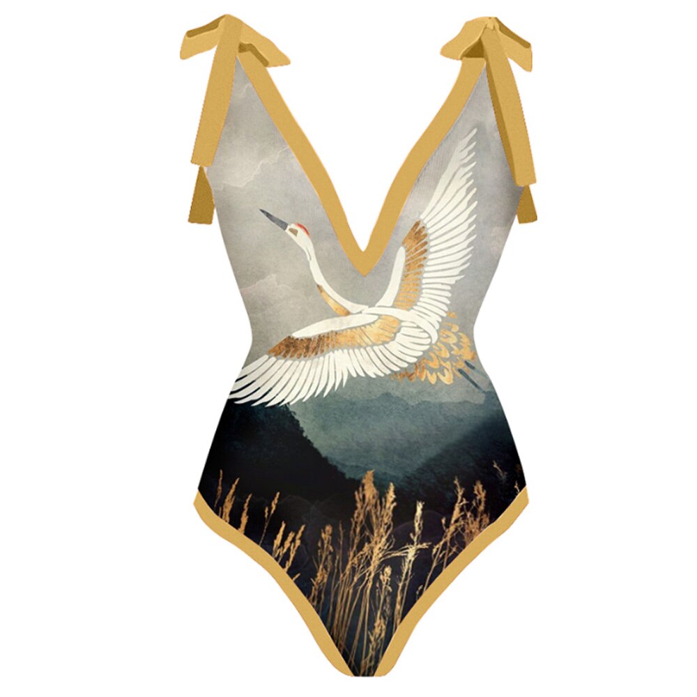 Women One Piece Swimsuit with Skirt Swimwear Cover Up Retro Holiday Beach Dress Backless Summer Elegant Surf Wear Gold