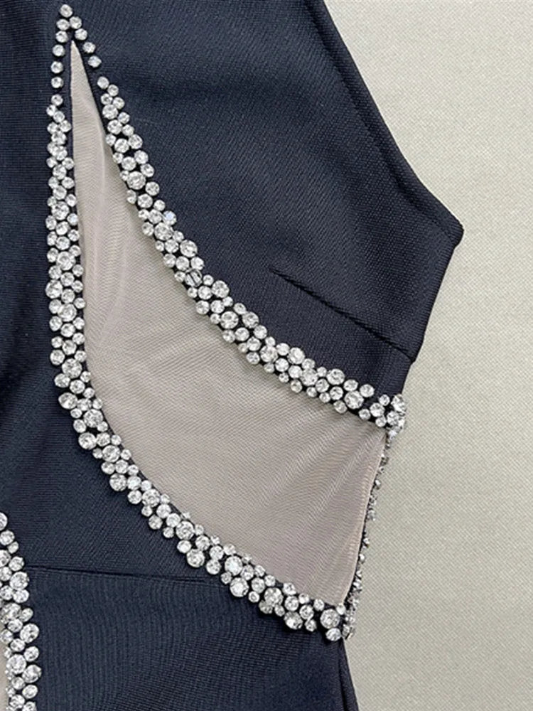 Women Sexy Mesh Diamonds Beading Black Maxi Long Diamonds Celebrity Bodycon Bandage Dress 2025 Elegant Evening Club Party Dress