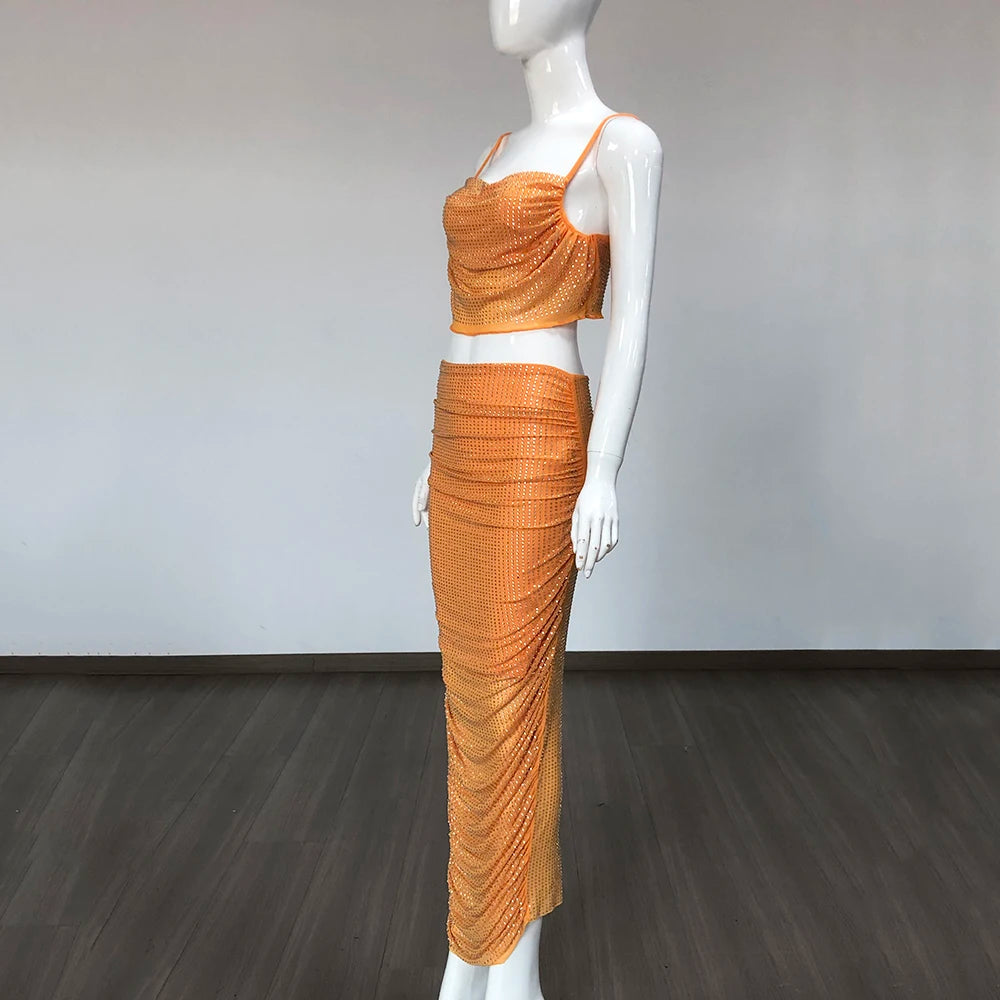 High Street Summer Orange Sexy Spaghetti Straps Short Top +High Waist Pencil Skirt 2 Piece Set Vintage