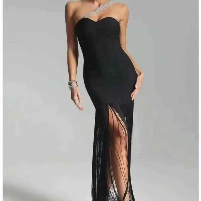 2024 Summer Women New Black Sexy One Shoulder Diamond Sleeveless Bodycon Bandage Dress Elegant Fashion Tassel Long Dress black